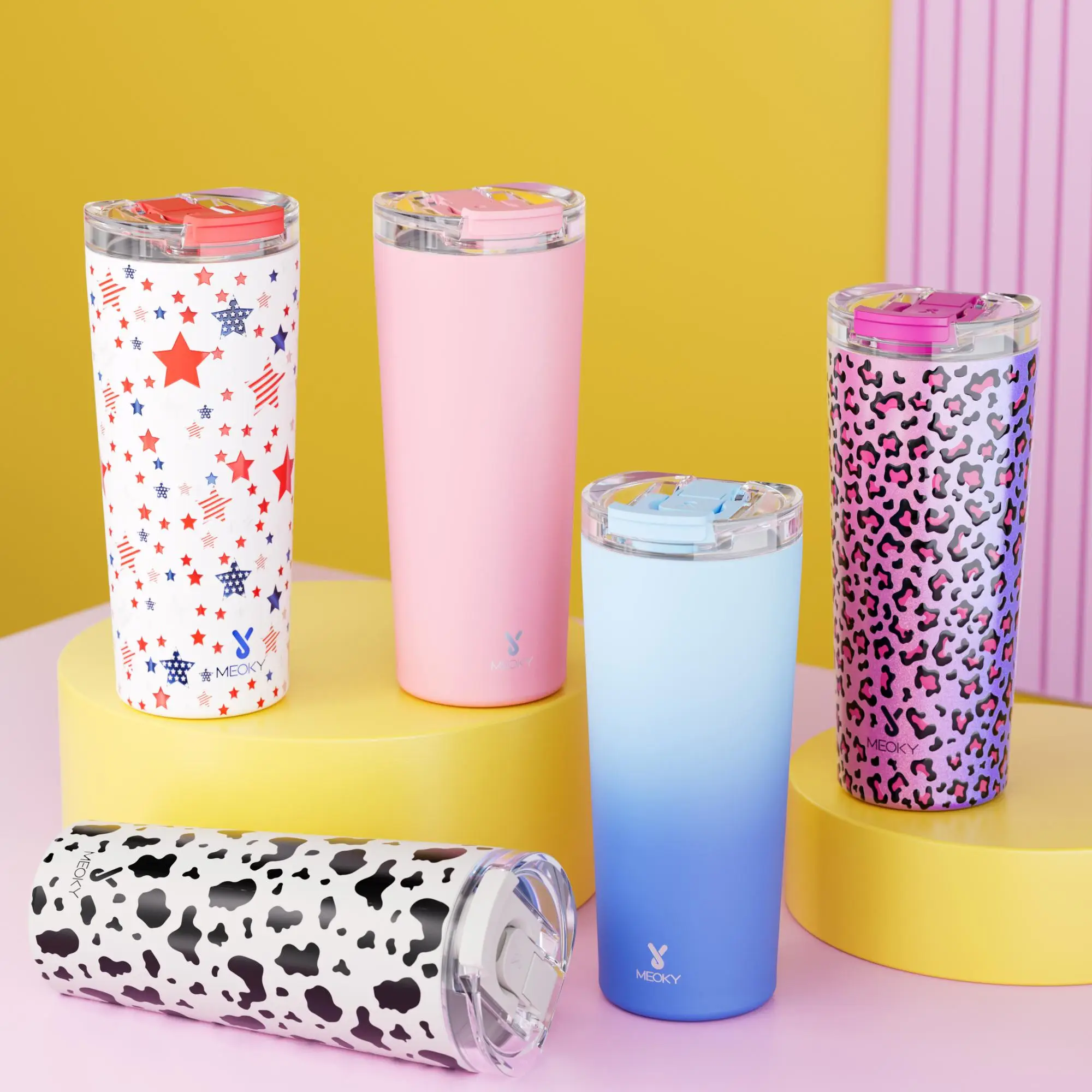 【Meoky】 24oz Double-mouth Slanted Coffee Cup, 1/2 Counts Direct Drinking Mouth and Straw Mouth, Leak-proof Cup Lid, Non-slip Pad At The Bottom, Stainl