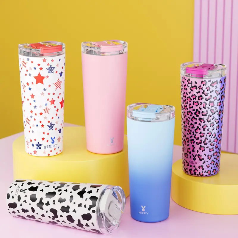 【Meoky】 24oz Double-mouth Slanted Coffee Cup, 1/2 Counts Direct Drinking Mouth and Straw Mouth, Leak-proof Cup Lid, Non-slip Pad At Bottom, Stainless Steel Thermos Cup, Insulated Mug, Travel Accessories, Wide Mouth and Narrow Bottom for Easy Cleaning