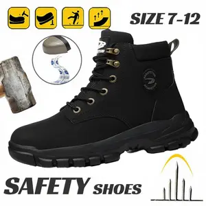 Men's Solid Color Classic High Top Plain Toe Safety Boots Comfy Non-Slip Durable Lace Up Work Shoes Electric Hazard Safe Anti-Smashing Anti-Stab