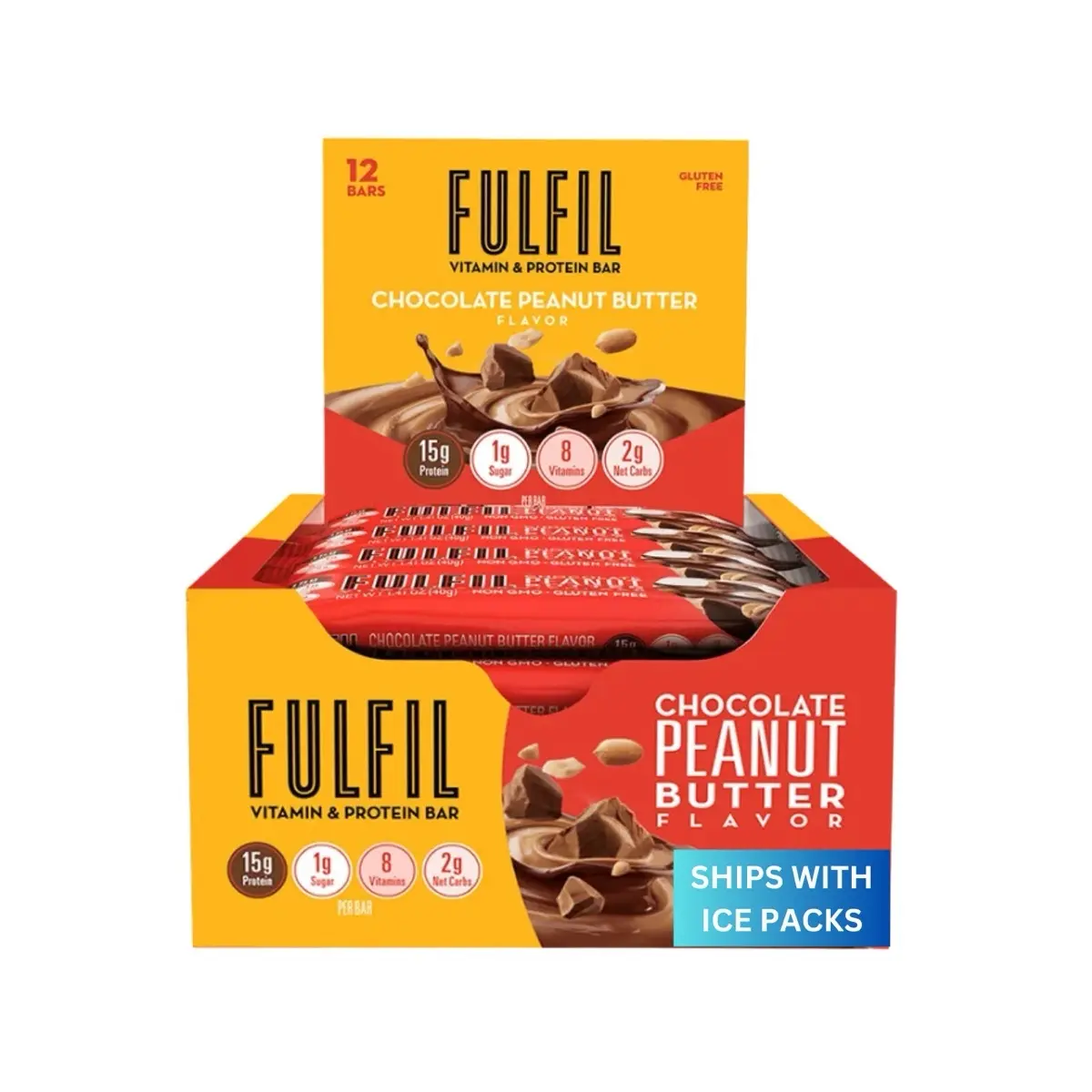 Fulfil Chocolate + Peanut Butter Protein Bar, 15g Protein and 8 Vitamins Including Vitamin C, 12 Count Snack