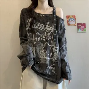 Ripped, one-shoulder, off-shoulder, long-sleeved T-shirt for women, new spring and autumn style, loose fit, slimming and flattering