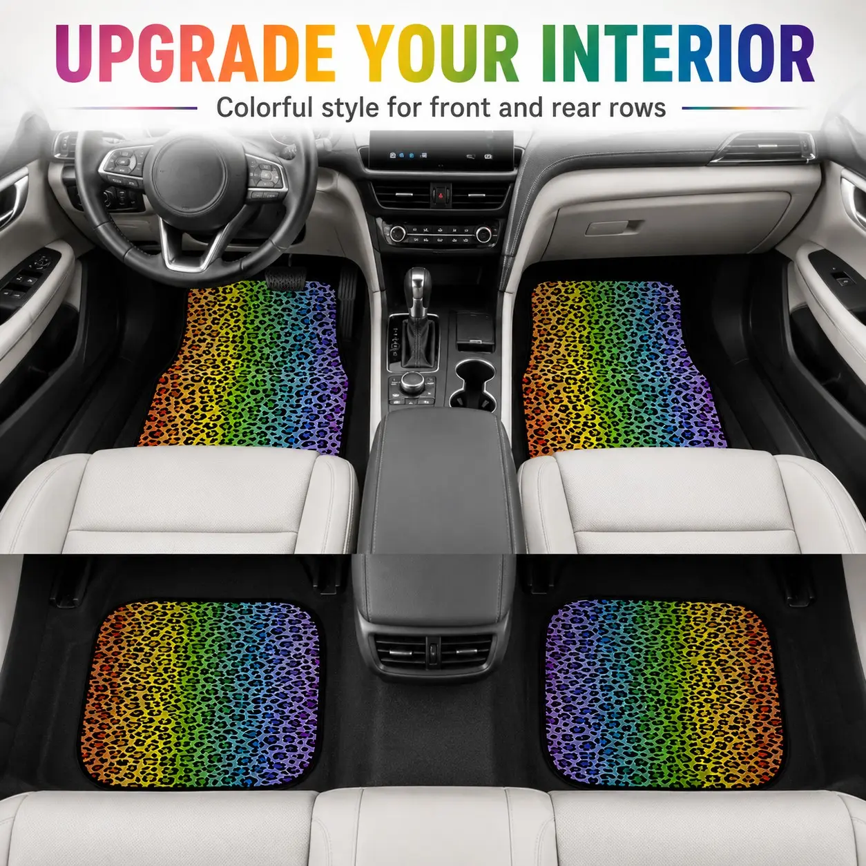 Rainbow Leopard Print Car Floor Mats 4pcs Set, Cute Colorful Universal Fit, Floor Mats for Trucks, Automotive Floor Mats, Auto Floor Mats for Front & Rear, Suv Sedan Truck Accessories, Car Accessory