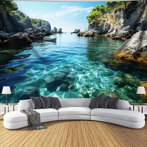 1 oversized ocean, mountain, blue sky landscape photo background cloth tapestry, living room bedroom party decoration polyester tapestry live background tapestry with free suspension clip wall decoration