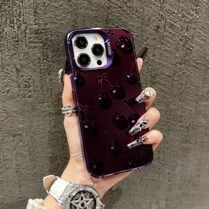 1PC Dark Red Cherry Bow Phone Case, Military-Grade Shockproof Anti-Fall Cover for iPhone 17 16 15 14 / iPhone 13 Phone Case / 12 11 Pro Max & Samsung Galaxy Series, Luxury Sweet Cherry Pattern