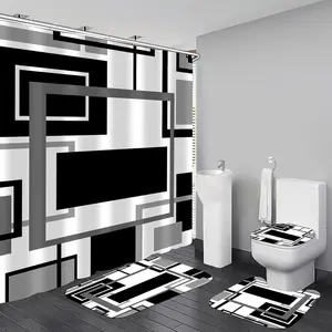 4 count Black Geometric Shower Curtain Sets Non-Slip Bath Rugs, Toilet Cover, U-Shaped Mat, Abstract Geometric Modern Shower Curtain with 12 Hooks