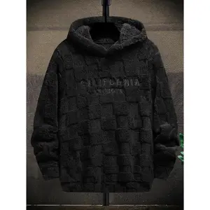 2025 New StyleMen's Letter Embroidery Textured Drop Shoulder Fuzzy Hoodie, 1 Count Regular Fit Casual Fashion Long Sleeve Hooded Sweatshirt in Dark Gray