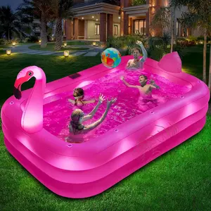 Inflatable Pool with Lights, Solar Flamingo Swimming Pool for Kids,Adults Inflatable Blow up Pool, Large Kiddie Pool,Durable Thickened Kids Pool for Backyard,Outdoor,100"X63"X20"-Bright Pink