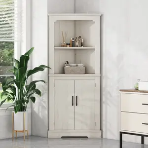 [Bellemave]Tall Corner Cabinet with Doors for living room, bathroom,Dining Room or Kitchen,color:Wood grain beige