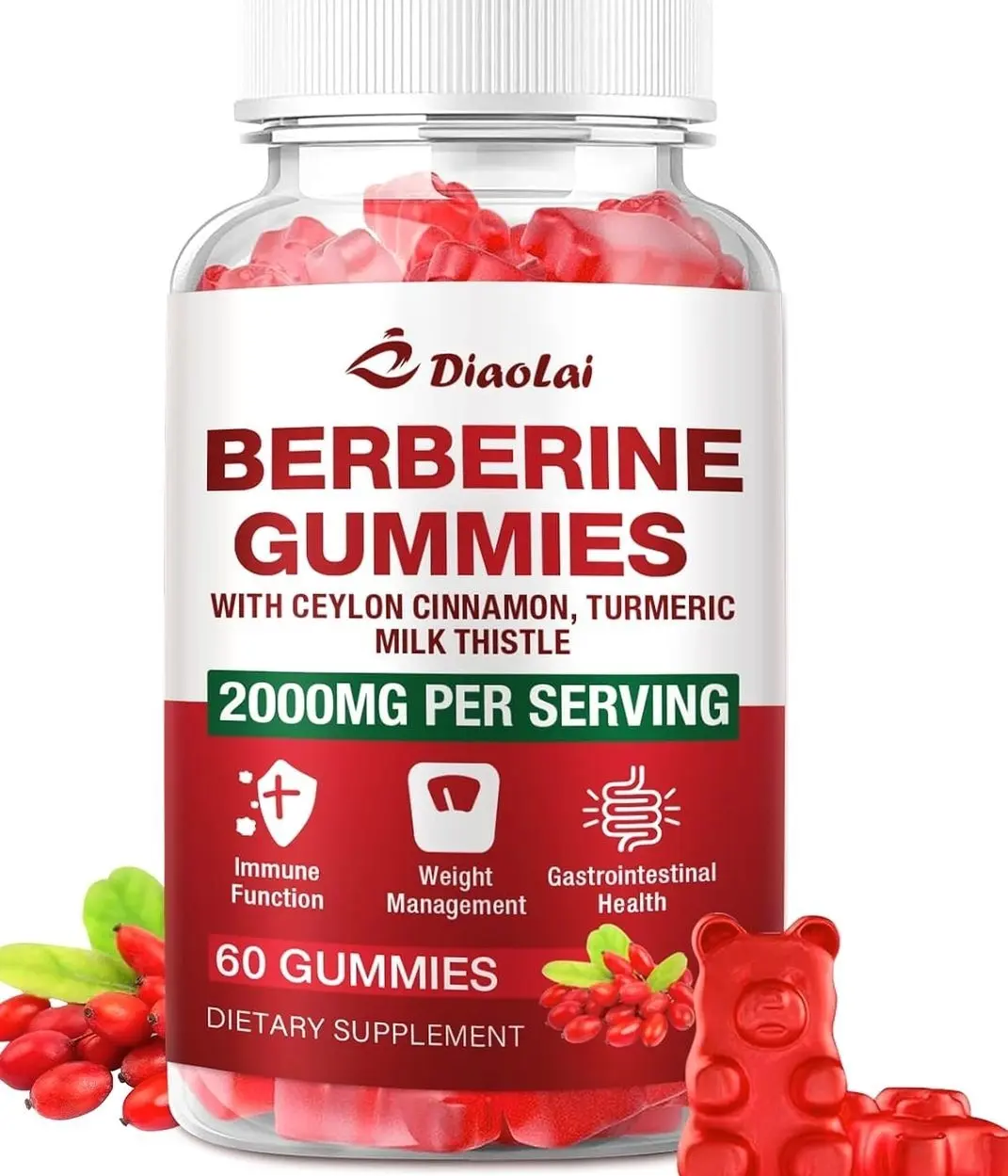 Berberine Gummies 2000mg - Natural Organic Berberine HCL Supplement - Vegan, Non-GMO, Gluten-Free - Delicious Raspberry Flavor - 60 Count