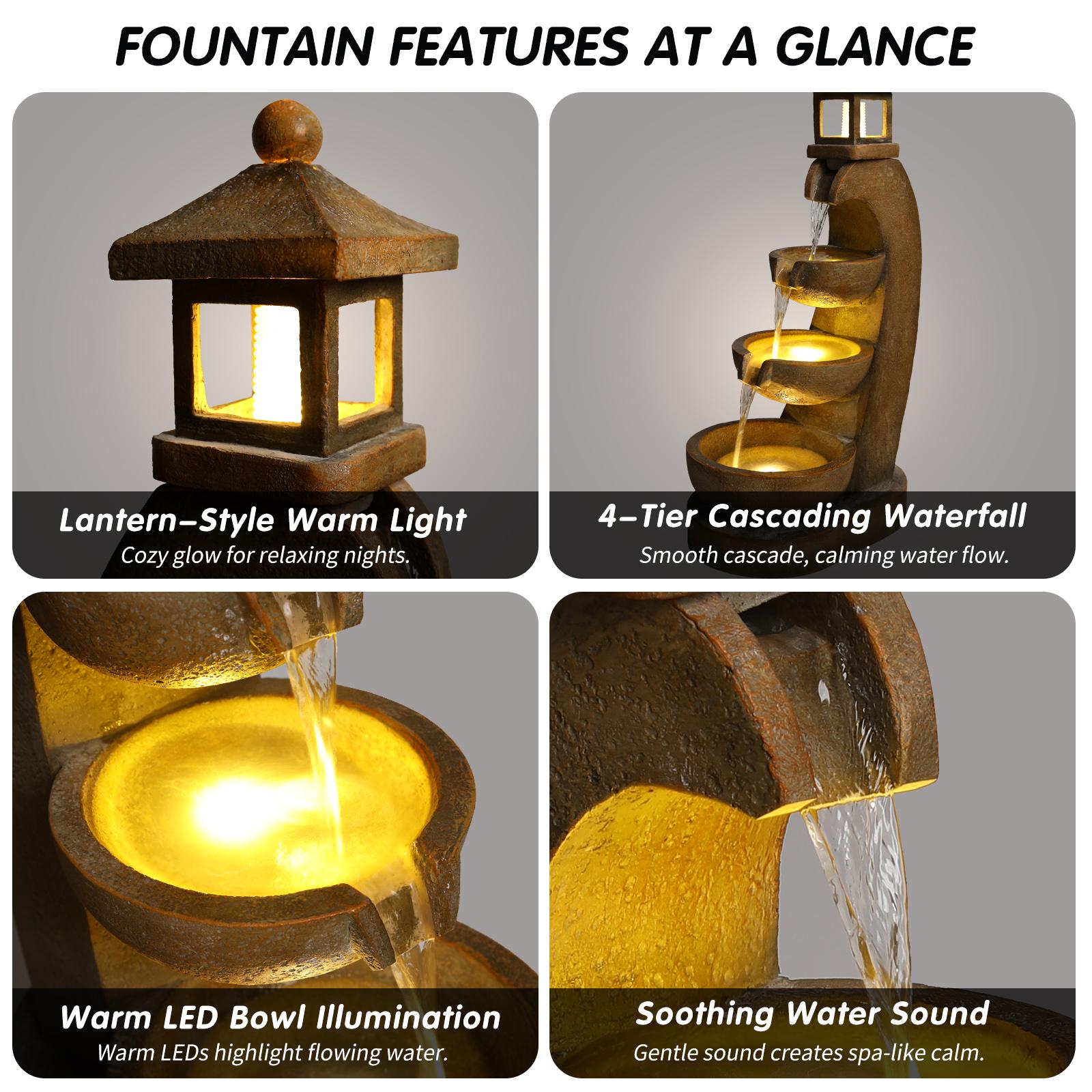 Eyisean 35.4" H Resin Outdoor Water Fountain, All-Weather Freestanding Pagoda Water Feature with LED, 3 Tier Bowl Cascading Lantern Style Garden Fountain for Porch, Home Decor Ideal Gift Eyisean 35.4" H Resin Outdoor Water Fountain, All-Weather Freestanding Pagoda Water Feature with LED, 3 Tier Bowl Cascading Lantern Style Garden Fountain for Porch, Home Decor Ideal Gift