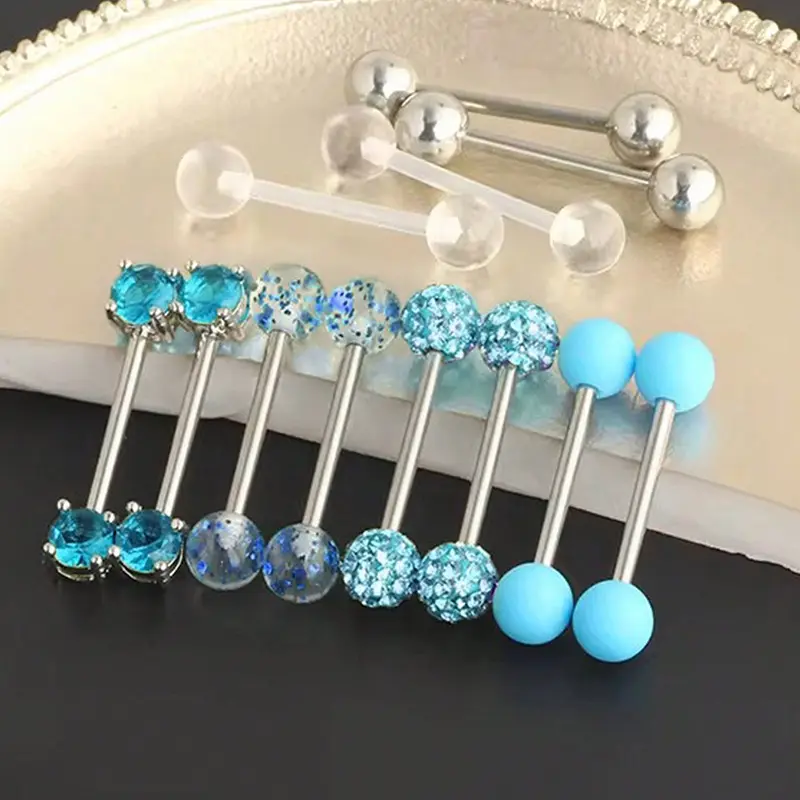 12pcs/Set Tongue Ring Stainless Steel Micro Paved Artificial Zirconia Nipple Barbell Tongue Ring Piercing Jewelry