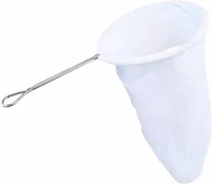 Cloth coffee strainer with metal handle.