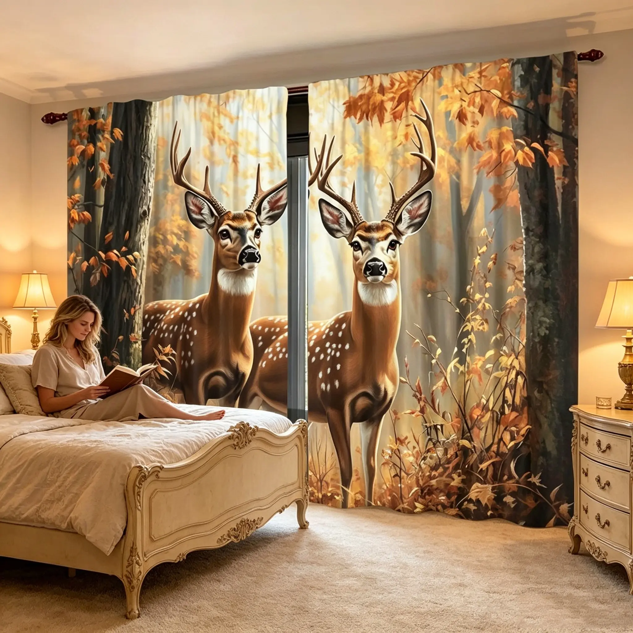 2-Piece Forest Scenery and Deer Digital Print Curtains, Sheer Printed Curtains, Easy Install, Rod Pocket (Rod Not Included), Semi-Transparent Polyester Material, Suitable for Bedroom, Living Room Window Decorations, Home Decorative Curtain, Home Decor