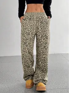 Vintage High-Waisted Leopard Print Wide Leg Pants, Street Style Fashion Slimming Drapey Long Pants, Lazy Girl Personalized Wide Leg Jeans