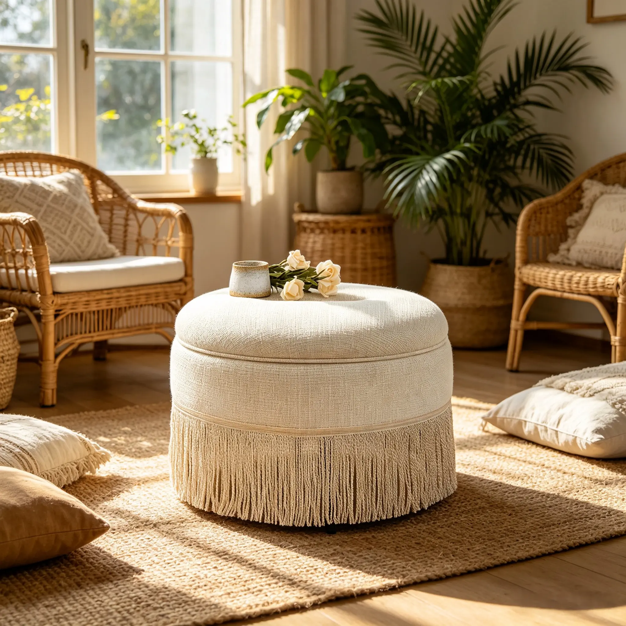 23.23 Inch Round Storage Ottoman Bench with Tassel Fringe, Upholstered Circular Foot Rest Stool with Hidden Internal Storage, 250 lbs Capacity for Living Room, Bedroom, Entryway，Beige