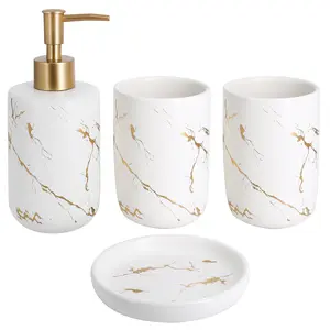 4-Pack Modern Smooth Ceramic Bathroom Decor Set - Easy-to-Clean, Gift-Worthy Accessories: Soap Dispenser, Tumblers, Soap Dish for Sink Organization