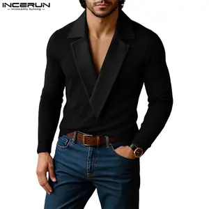 INCERUN Men's Autumn Winter Faux Two-Piece Lapel Slim Fit Knit Shirt Business Commute Daily Casual Party Date Fashion V-Neck Sweater