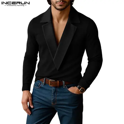 INCERUN Menswear Slim-Fit 2-Piece Stylish Knit Pullover Set - Men's Long Sleeve Bold V-Neck with Faux Lapel, Plain Minimalist Korean Style Shirt & Knitwear Pants, Machine Washable for Autumn Winter Casual Occasions