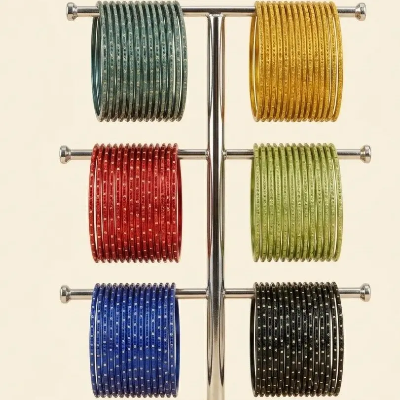 Size 2.8 - Silk Dotted Metal Bangles Set