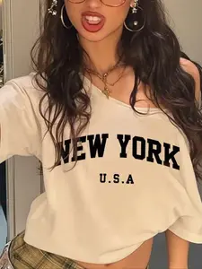 Women's "NEW YORK" Letter Print Asymmetrical Neck Tee, Casual Loose Short Sleeve T-shirt for Daily Wear, Ladies Clothes for All Seasons, Top, Womenswear