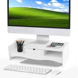 Computer monitor riser, single-drawer desktop shelf with storage and organization function, ergonomic computer stand, white, 19.3in