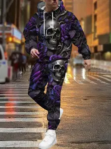 Men's Casual Sports Wear 3D Rose Skull Hoodie Set, Graphic Tracksuit, Sporty Long Sleeve Polyester Fabric, Comfortable Fall & Winter