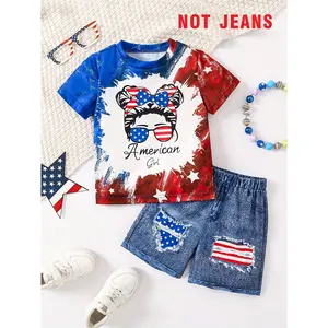 (New)[2pcs Patriotic Shorts Set] 2pcs Patriotic American Flag Girls Short Set |       Crew Neck, Short Sleeve, Faux Denim Shorts with Faux Pockets |       Casual Summer Outfit for Independence Day & Parties, Outdoor
