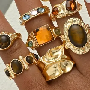 6Pcs Irregular Textured Ring Set For Women Gold Plated Tiger Eye Inlaid Vintage Carved Wave Finger Rings Party Jewelry Gift 2026