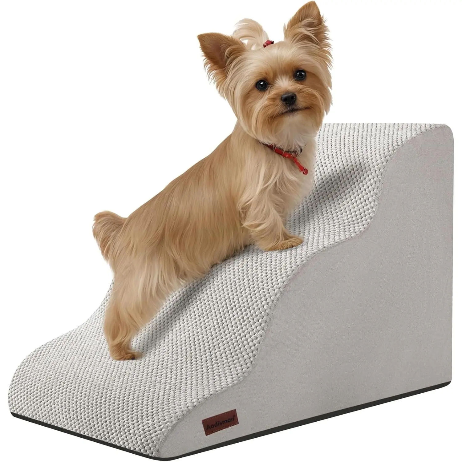 Aodisman 3-Step Polyester Pet Stairs Ramp - 35D Density Pure Foam Mobility Aid for Small Dogs, 15.4" H Light Grey, Non-Slip Bottom, Removable Washable Cover, Stable Walking, Joint-Safe, Durable, Up to 25 Inches Indoor Couch/Bed Aid (Vacuum Packed)