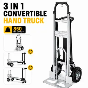 850 lbs Capacity 3-in-1 Hand Truck, Heavy Duty Convertible Dolly Cart with Aluminum Frame, Folding Platform Cart with Upright Mode and 4-Wheel Cart Mode for Moving Boxes, Warehouse Work, Delivery, Garage and Home Storage