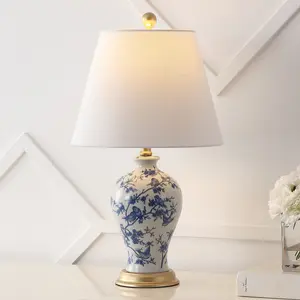 JONATHAN Y Grace French Country Cottage Ceramic/Iron Floral Urn LED Table Lamp , for bedroom, living room, foyer, hallways, dining room, dorms