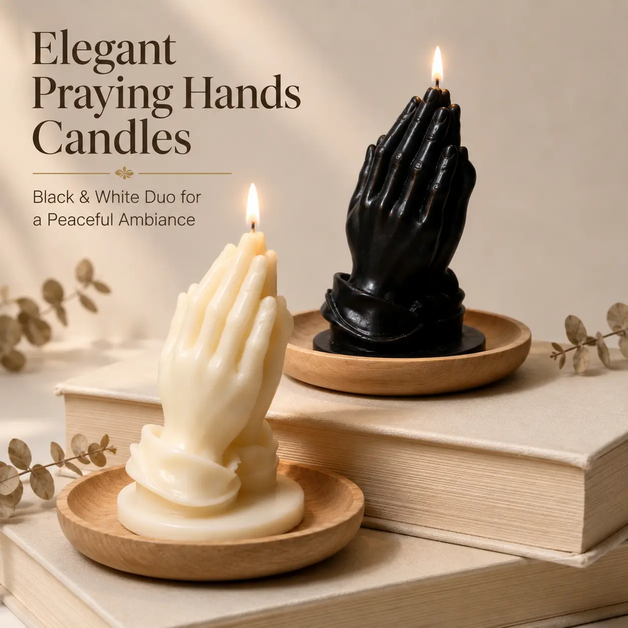 Praying Hands Candle Set of 2, Black & Ivory Sculptural Candles, Gothic Aesthetic Home Decor, Meditation Table Accent, Unique Housewarming Gift