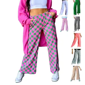 Women's Checkerboard Wide-Leg Pants Elastic Waist Loose Casual Trousers Spring Summer Sweatpants Bottoms Easter