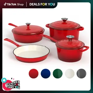 [Deals for you] Kitchen Academy Enamel Cast Iron 7 Piece Cookware Set, Dutch Oven Pot with Lid, Red Non Stick Pots and Pans set, Oven Safe up to 500°F Cooking Modern