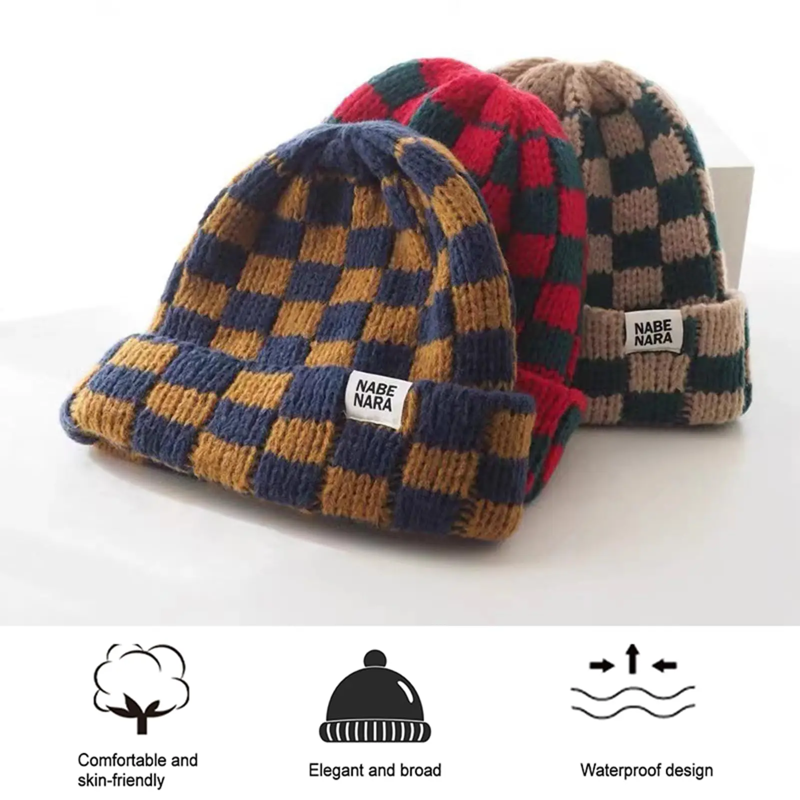 Women\'s Knitted Beanie Yellow Cozy Skull Ski Hats Cap Winter Warm Slouchy Design Women Winter Classic Plaid Beanie - Cozy Knit Skull Cap with  main image 3