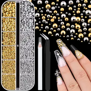 Silver and Gold Nail Charms and Gems, 1.5-5mm Half Round Flatback Nail Pearls Ball Beads for Nails with Pickup Pencil and Tweezers, Pearl Nail Charm Rhinestones for Crafting Face Hair Manicure DIY