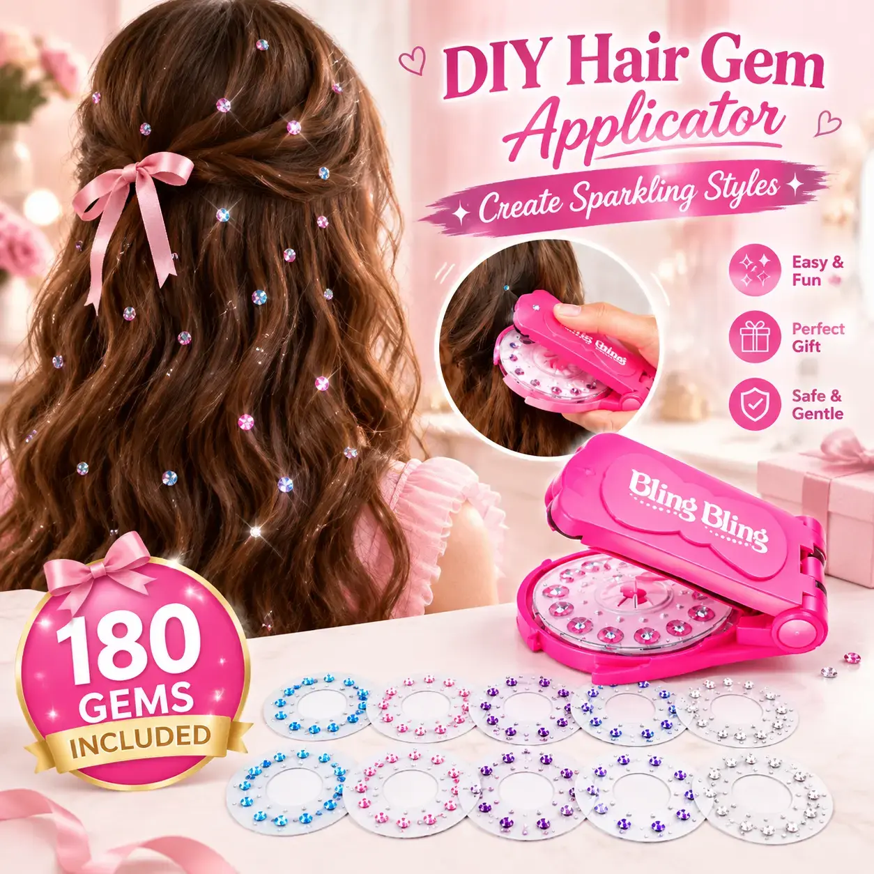 Bling Hair Gem Stamper Kit for Girls, Sparkle Diamond Hair Accessories with 180 Colourful Gems, Party Festival Hair Styling Gift Set