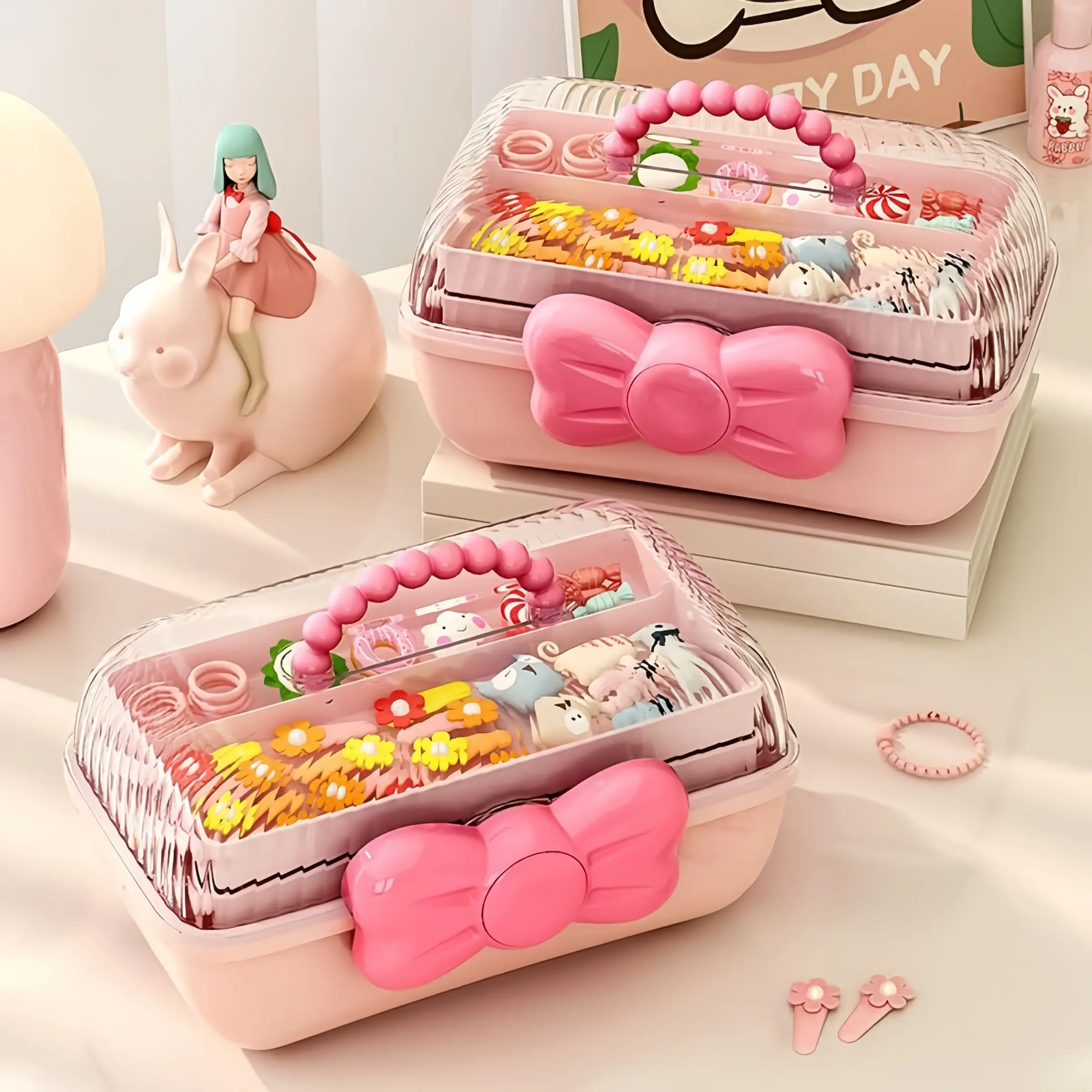 Cute Girls Hair Accessory Organizer With Lid 3 Tier Foldable Large Capacity Jewelry Storage Box Multi Function Hair Accessories Case Pink Purple Foldable Plastic Organizer Folding Plastic Organizer Lidded Plastic Organizers 10.8 x 5.7 x 5.9 Inches