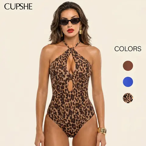 CUPSHE Women's Animal Leopard Print Bodycon Swim Bodysuit - High Keyhole Neck Halter, Body Sculpting, Removable Soft Cups, Empire Waist, Bum Coverage, Available in Solid & Contrast Pattern for Summer Sports