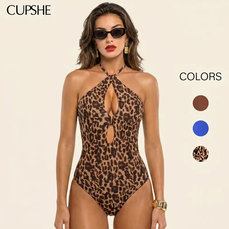 CUPSHE Women's Animal Leopard Print Bodycon Swim Bodysuit - High Keyhole Neck Halter, Body Sculpting, Removable Soft Cups, Empire Waist, Bum Coverage, Available in Solid & Contrast Pattern for Summer Sports