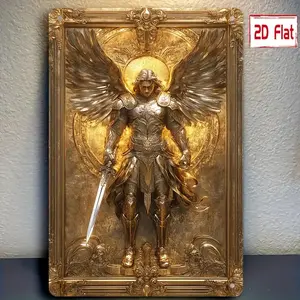 2D Flat, 2D Flat 1pc Archangel Michael Golden Wings Metal Tin Sign, 8x12 Inch Vintage Art Decor Poster, Pre-Drilled for Easy Hanging, Ideal for Home, Garage, Club, Restaurant Wall Decor, Outdoor Plaque, No Electricity Needed, Metal Wall Art Decor, 2D Flat