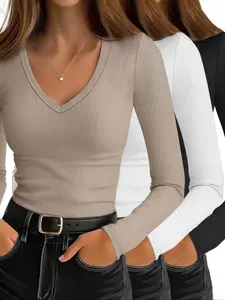 Women's Plain Basic Minimalist Long Sleeve T-Shirt, Daily Wear V-Neck Fitted Top, Casual Fashion, Comfortable and Stylish, Aesthetic, Womenswear