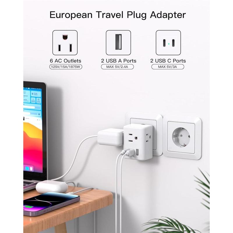 F-APT23  2 Pack European Travel Plug Adapter, International Power Plug Adapter with 3 Outlets 3 USB Charging Ports(2 USB C), Type C Plug Adapter Europe Travel Essentials to Spain Italy France