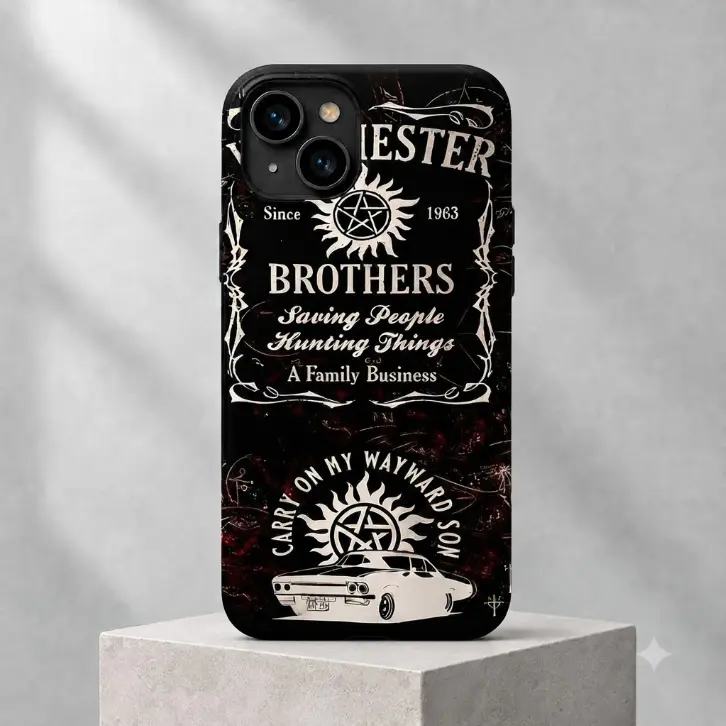 Vintage Horror Brothers Phone Case, Retro Gothic Family Design, Supernatural Style Protective Phone Cover, Dark Vintage Car & Pentagram Artwork