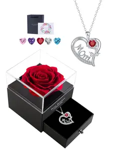 Rose Mom CZ Birthstone Necklace With Rose Jewelry Gift Box, Rose Heart Mama Pendant Necklace, Christmas Mother's Day Birthday Jewelry Gifts for Mom Mother New Mom, Heart Design Necklace