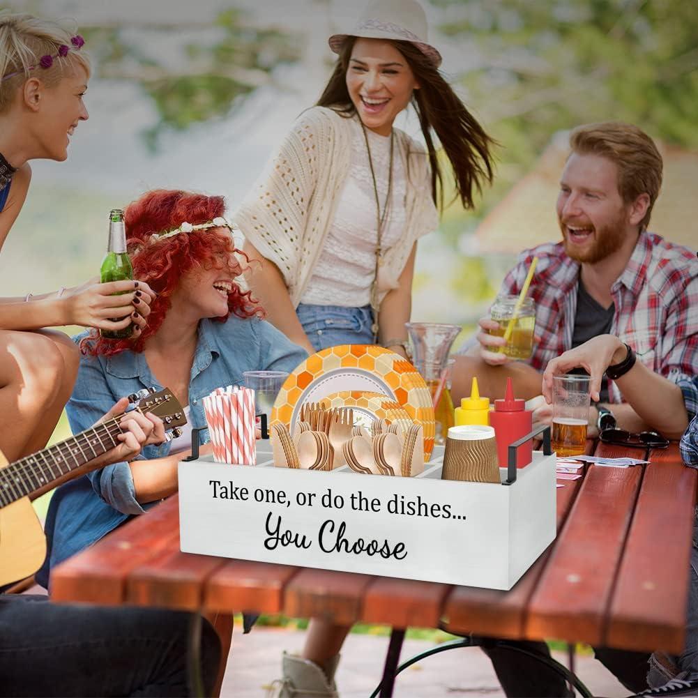 Paper Plate Holder for Kitchen Counter, Wood Utensil Caddy Paper Plater Dispenser under Cabinet, Silverware Holder for Party with Large Cup Holder holiday multifunctional organizer storage non-food contact multipurpose gift buy this must have portable bo