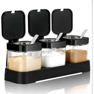 Condiment Jar Spice Container with Lids and Spoons, 8.6oz Clear Glass Condiment Canisters Pots Seasoning Box Salt Container Sugar Bowl Set of 3 for Kitchen, Containers, Black