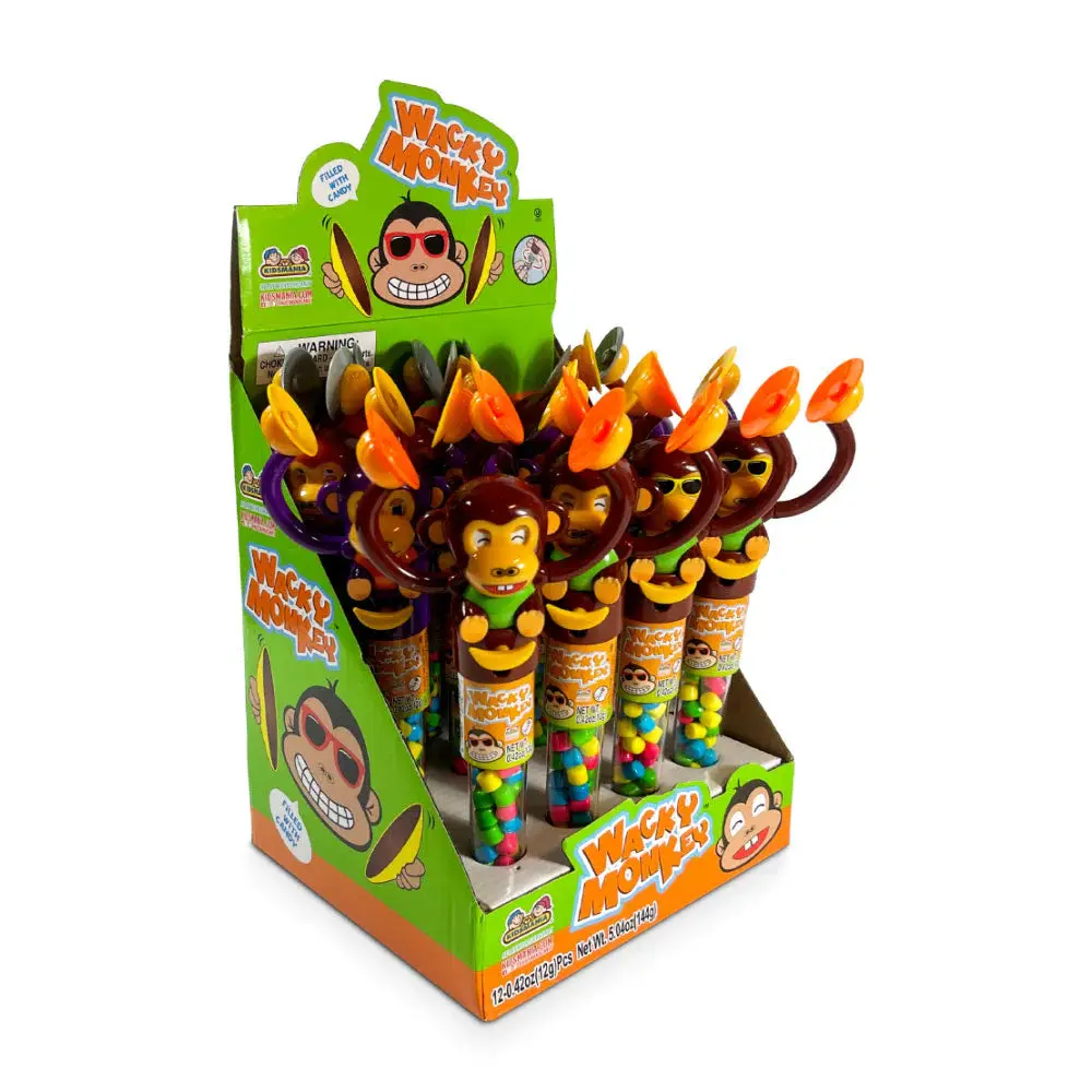 Wacky Monkey Filled with Candy 12 ct - Assorted Fruit Flavors Including Green Apple, Watermelon & Grape in Monkey Shaped Toy - 12 Count Pack - Bonbon