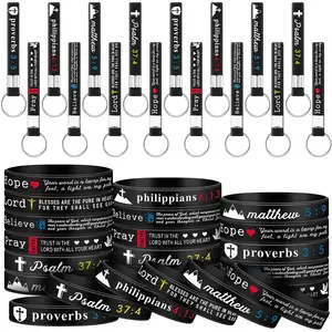 48 count Father's Day Christian  Keychains with Scripture Bracelets Religious   Verses Wristbands for Church Party Gifts(Black)