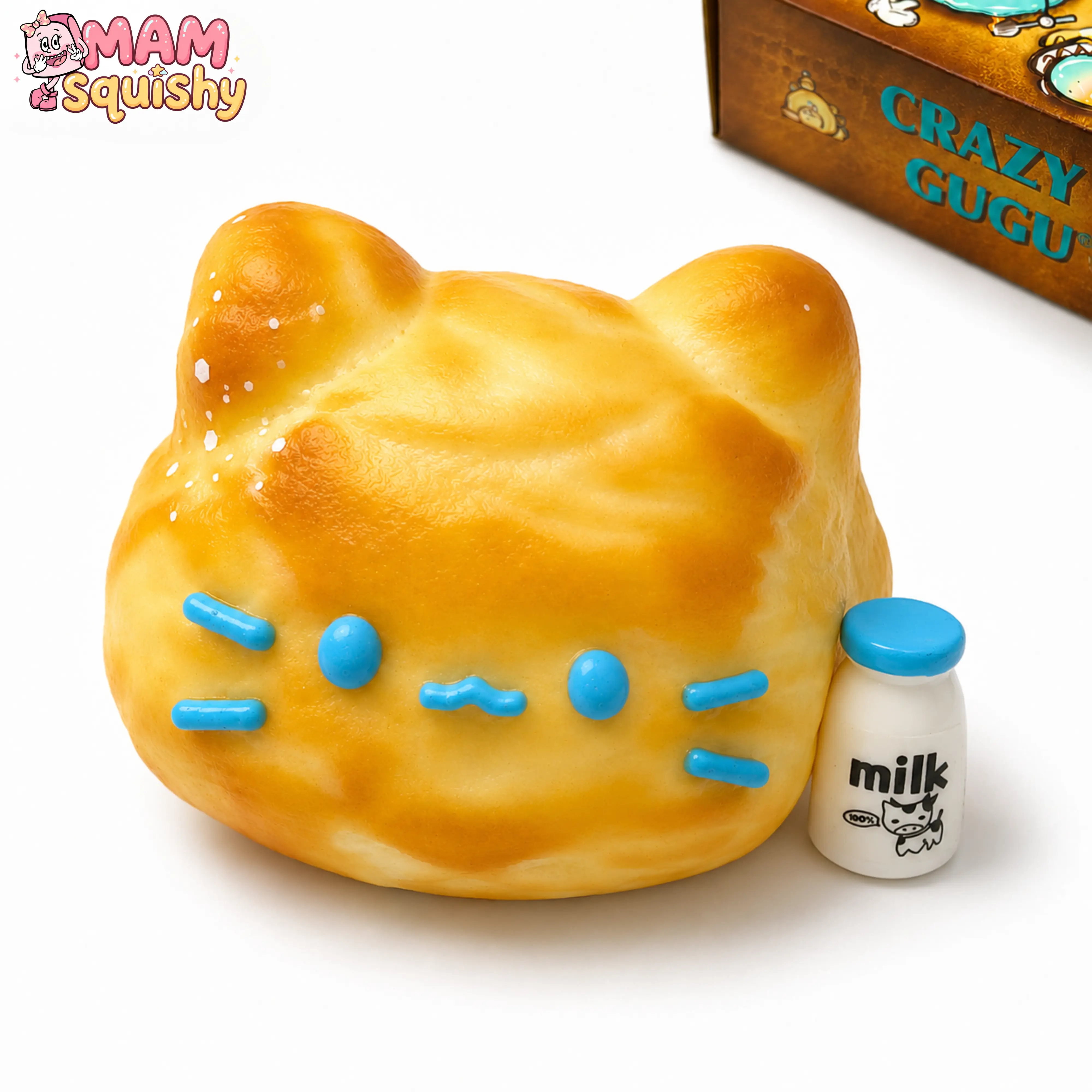 MAM Mini Toasty Kitty Bun Squishy, Food-Grade Silicone Slow Rising Cat Bread Squeeze Toy, Cute Food Shaped Fidget Toy with Milk Bottle, Stress Relief Sensory Toy for Kids & Adults, Perfect Gift, Party Favors & Collection